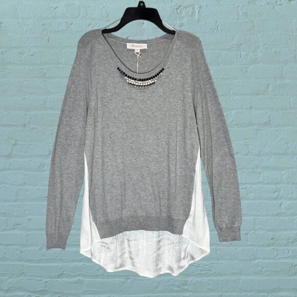 NWT Vince Camuto Jeweled Neck Sweater Sz.M Gray Chiffon Hem Oversized Preppy - Picture 2 of 9